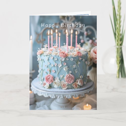 Blue Cake Pink Roses and Candles Happy Birthday  Card