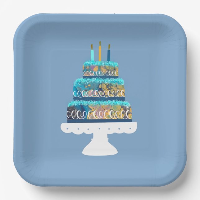 Blue Cake with Birthday Candles Paper Plates (Front)