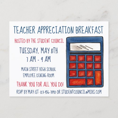 Blue Calculator School Math Teacher Appreciation Invitation Postcard
