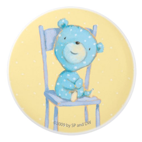 Blue Calico Bear Smiling on Chair Ceramic Knob