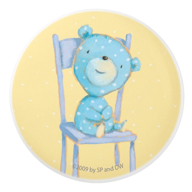 Blue Calico Bear Smiling on Chair Ceramic Knob (Front)