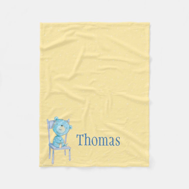 Blue Calico Bear Smiling on Chair Fleece Blanket (Front)