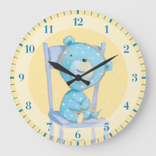 Blue Calico Bear Smiling on Chair Large Clock