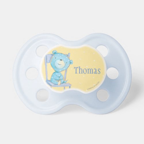 Blue Calico Bear Smiling on Chair Pacifier
