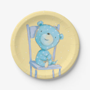 Blue Calico Bear Smiling on Chair Paper Plates