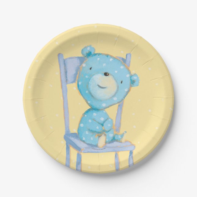 Blue Calico Bear Smiling on Chair Paper Plates (Front)
