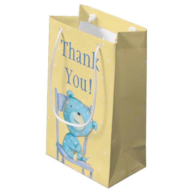 Blue Calico Bear Smiling on Chair Small Gift Bag (Back Angled)