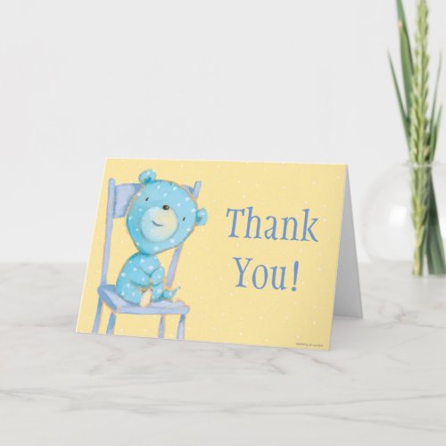 Blue Calico Bear Smiling on Chair Thank You Card