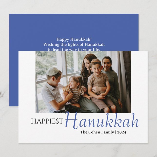 Blue Calligraphy Happiest Hanukkah family 1 photo Holiday Card (Front/Back)