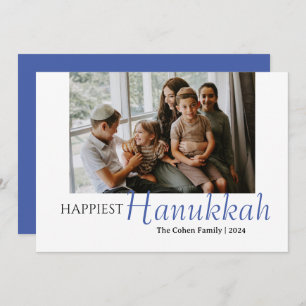 Blue Calligraphy Happiest Hanukkah family 1 photo Holiday Card