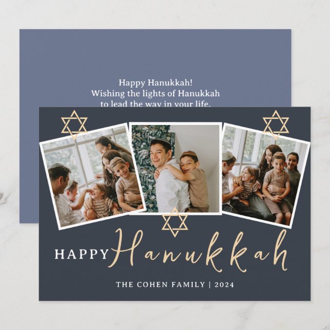 Blue Calligraphy Happiest Hanukkah family 3 photo Holiday Card (Front/Back)