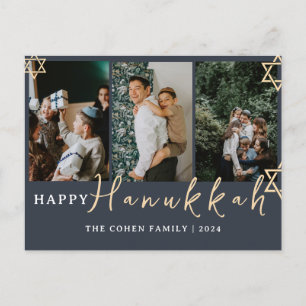 Blue Calligraphy Happy Hanukkah family 3 photo Holiday Postcard