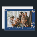 Blue Calligraphy Happy Hanukkah family one photo Holiday Card<br><div class="desc">Blue Calligraphy Happy Hanukkah family one photo</div>