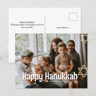 Blue Calligraphy Happy Hanukkah family one photo Holiday Postcard