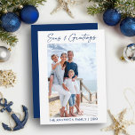 Blue Calligraphy Ink Seas and Greetings Photo Holiday Card<br><div class="desc">Modern Minimalist Elegance Calligraphy Ink Pen Handwritten Script Seas & Greetings Photo Holiday Card - Navy Blue Text</div>