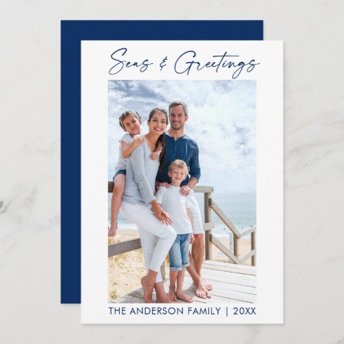 Blue Calligraphy Ink Seas and Greetings Photo Holiday Card