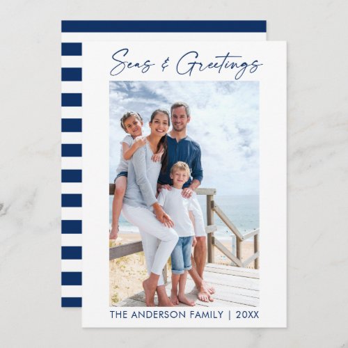 Blue Calligraphy Ink Seas and Greetings Striped Holiday Card