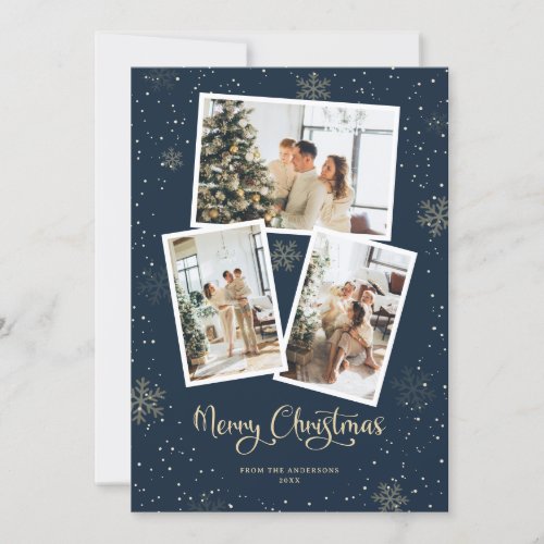 Blue Calligraphy Snow Photo Merry Christmas Card