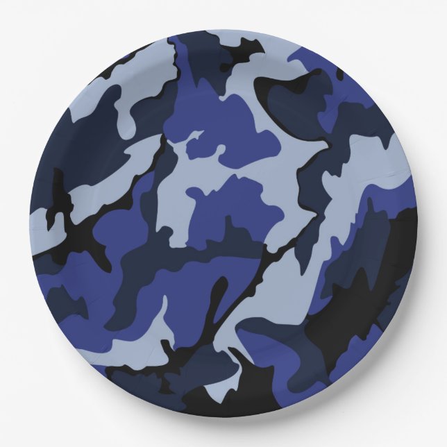Blue Camo, 9" Inch Paper Party Plates (Front)
