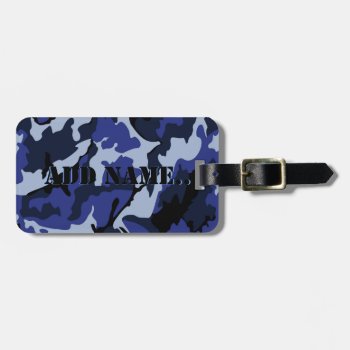 Blue Camo Add Name  Luggage Tag With Leather Strap by StormythoughtsGifts at Zazzle