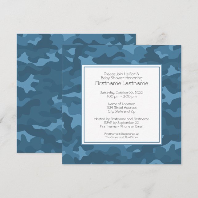 Blue Camo Baby Boy Shower or Party Invitation (Front/Back)