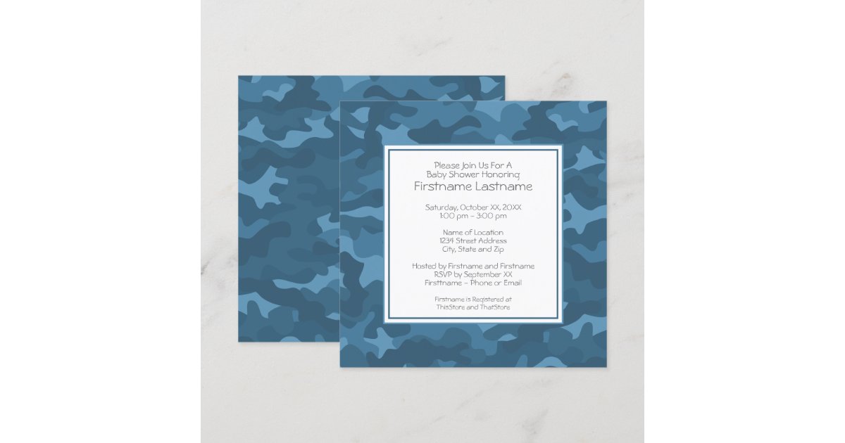 Blue Camo Baby Boy Shower or Party Invitation | Zazzle