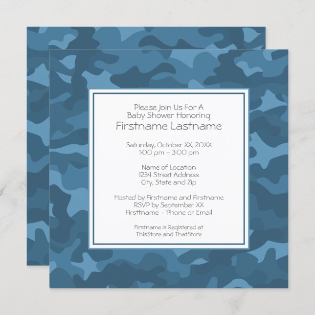 Blue Camo Baby Boy Shower or Party Invitation (Front/Back)