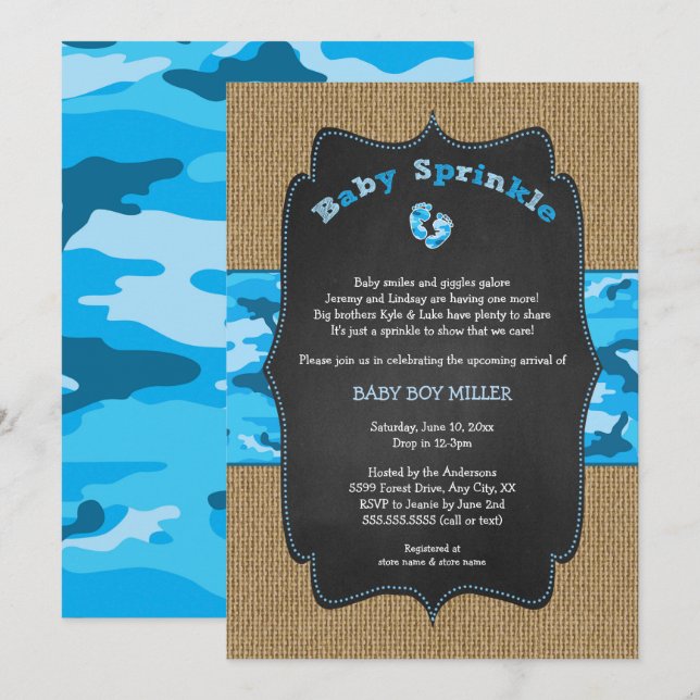 Blue Camo Baby Sprinkle Invite, camouflage burlap Invitation (Front/Back)