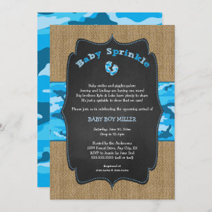 Blue Camo Baby Sprinkle Invite, camouflage burlap Invitation