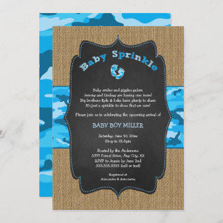 Blue Camo Baby Sprinkle Invite, camouflage burlap Invitation