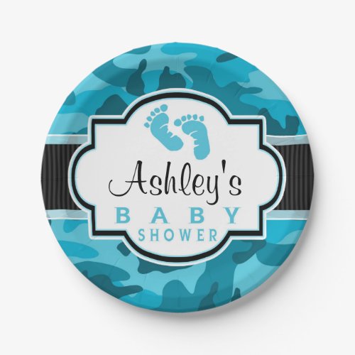 Blue Camo Camouflage Baby Shower Paper Plates