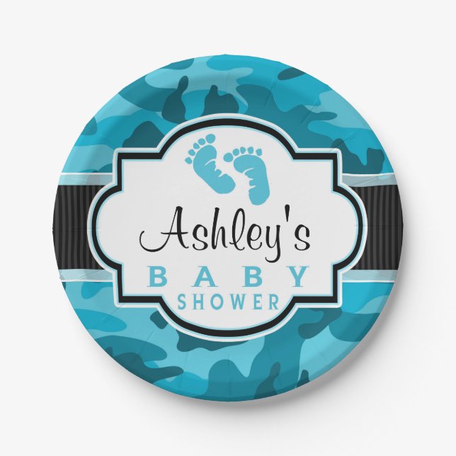 Blue Camo, Camouflage Baby Shower Paper Plates (Front)