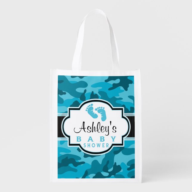 Blue Camo, Camouflage Baby Shower Reusable Grocery Bag (Front)