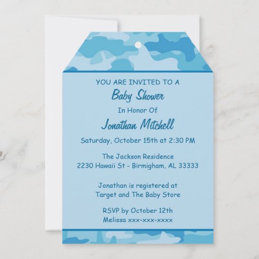 Blue Camo Camouflage Boy Baby Shower Invitation | Zazzle