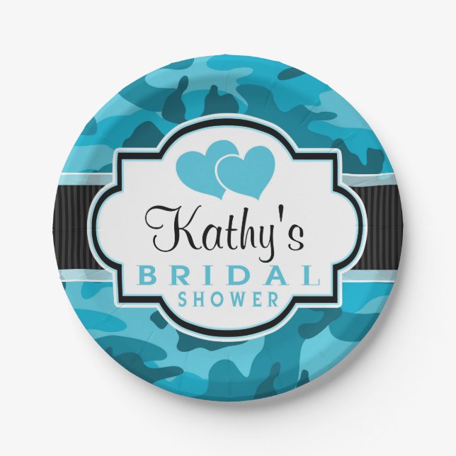 Blue Camo, Camouflage Bridal Shower Paper Plates (Front)