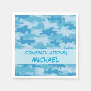 Blue Camo Camouflage Congratulations Name Custom Paper Napkins