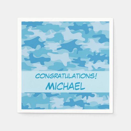 Blue Camo Camouflage Congratulations Name Custom Paper Napkins