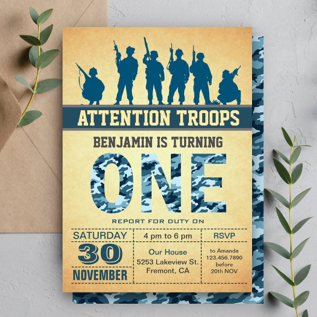 Blue Camo Camouflage First Birthday Invitation (Creator Uploaded)