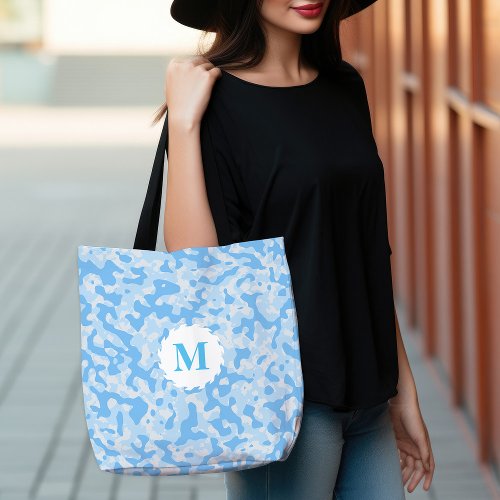 Blue Camo Camouflage Monogram Initial Tote Bag