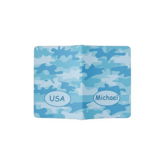 Blue Camo Camouflage Name Country Personalized Passport Holder