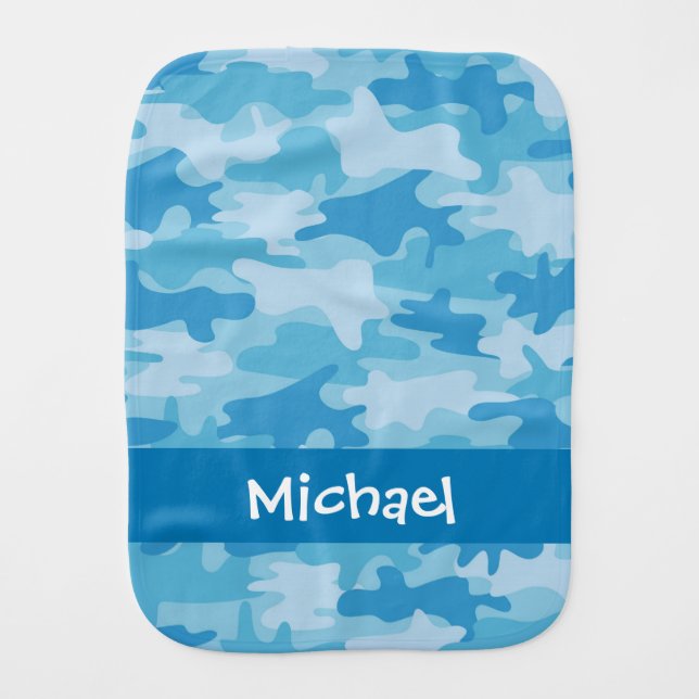 Blue Camo Camouflage Name Personalized Baby Burp Cloth (Front)