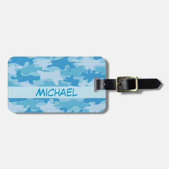 Blue Camo Camouflage Name Personalized Luggage Tag (Front Horizontal)