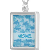 Blue Camo Camouflage Name Personalized Silver Plated Necklace (Front Right)