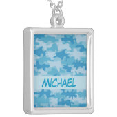 Blue Camo Camouflage Name Personalized Silver Plated Necklace (Front Left)
