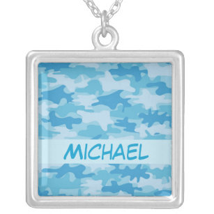 Blue Camo Camouflage Name Personalized Silver Plated Necklace