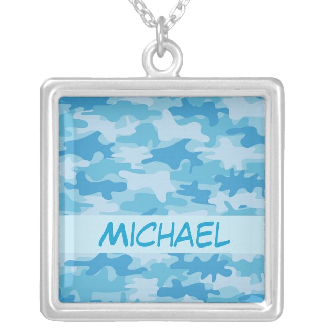 Blue Camo Camouflage Name Personalized Silver Plated Necklace (Front)