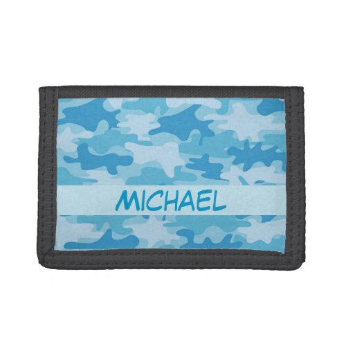 Blue Camo Camouflage Name Personalized Tri_fold Wallet