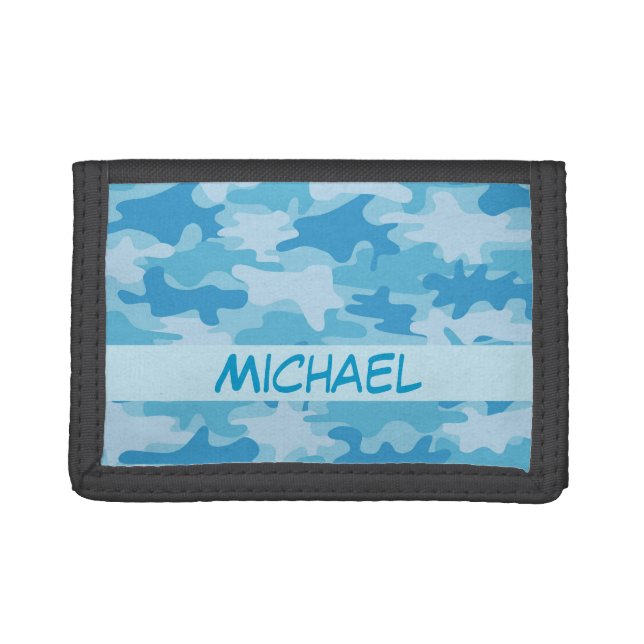 Blue Camo Camouflage Name Personalized Tri-fold Wallet (Front)