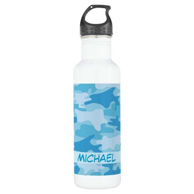 Blue Camo Camouflage Name Personalized Water Bottle (Front)