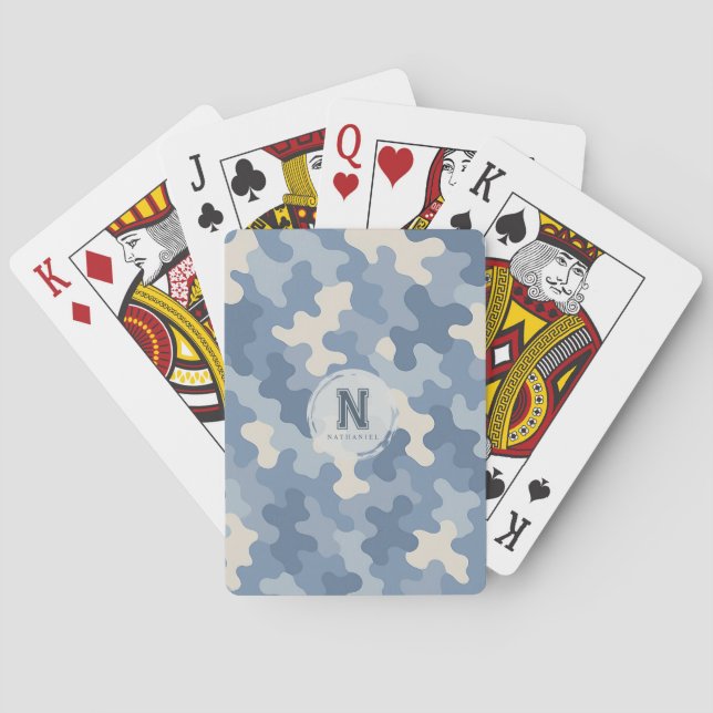 Blue Camo Military Monogram Poker Cards (Back)